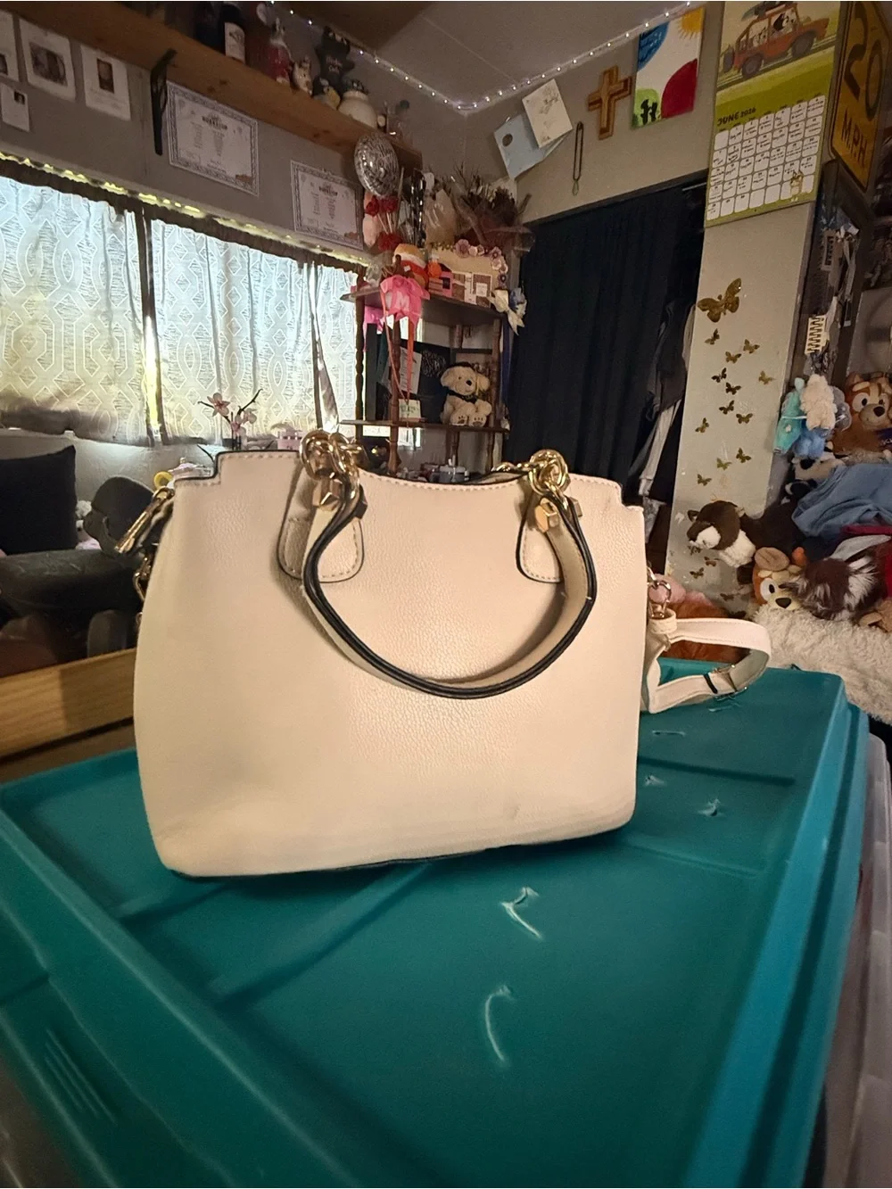 Source Unknown Cream Satchel with Gold Hardware and Black Handles